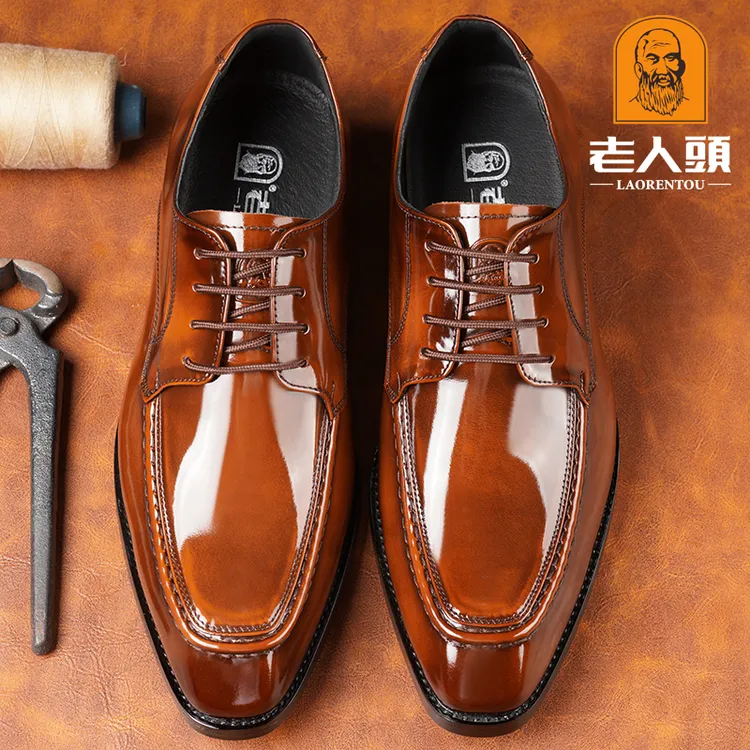 老人头皮鞋男纯牛皮英伦复古商务正装男鞋黑色亮面真皮新郎结婚鞋