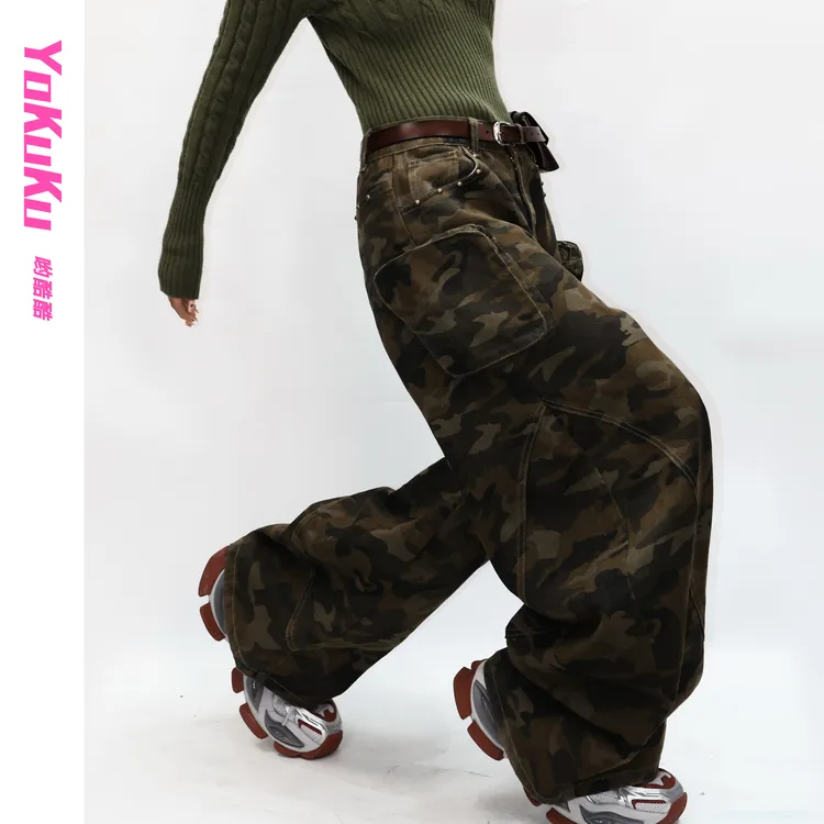 哟酷酷（徒步十公里）美式街头废土迷彩风琴休闲百搭阔腿工装迷彩裤