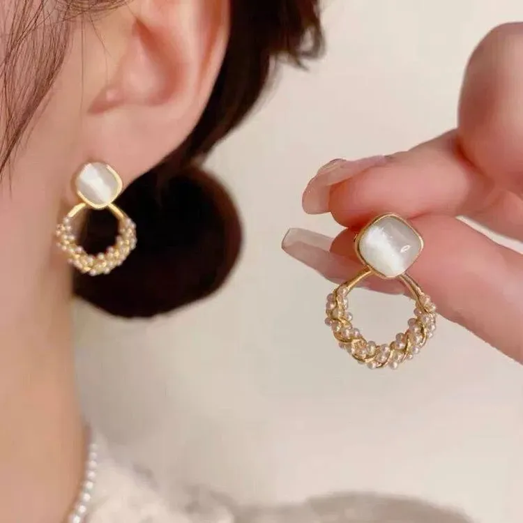 铜合金耳饰 百搭小米珠耳环轻奢气质方块猫眼石耳钉女耳饰N2071