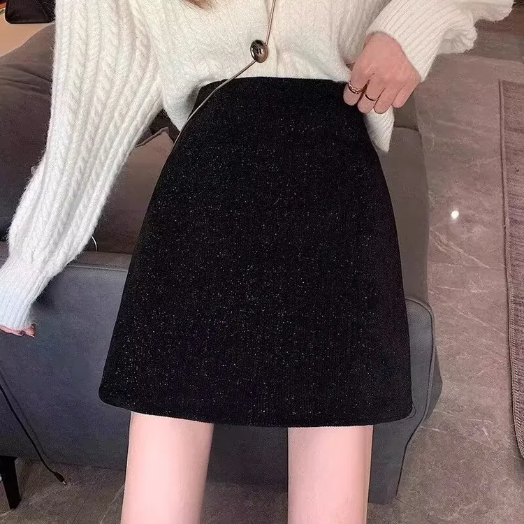 亮丝雪尼尔女半身裙秋冬新款高腰显瘦百搭一步裙a字短裙包臀裙子