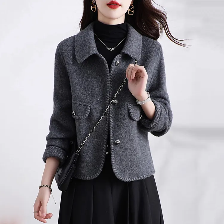 韩版双面绒毛呢大衣外套女秋冬新款时尚修身显瘦减龄妈妈开衫上衣
