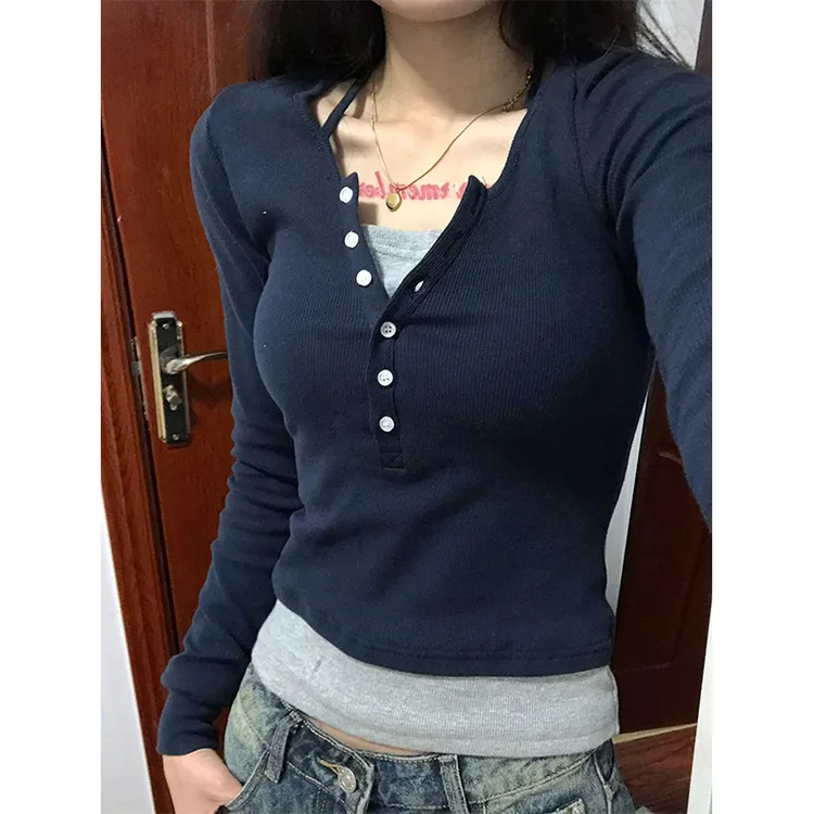 纯欲风甜辣假两件长袖t恤女秋季新款内搭打底衫百搭修身简约上衣