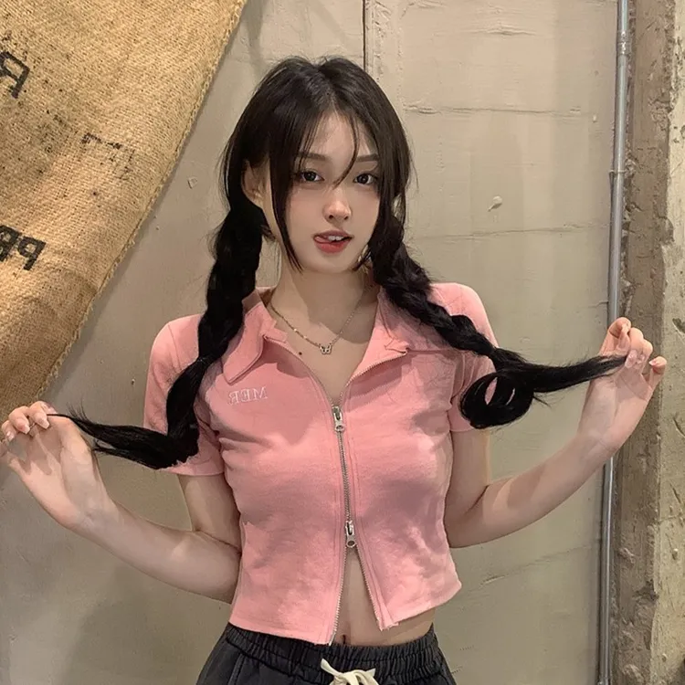 拉链短款短袖T恤女夏季复古纯欲正肩短上衣显瘦POLO衫露脐辣妹装