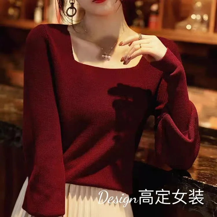 Design高定女装2024秋冬新款欧货方领长袖套头针织打底衫女毛衣