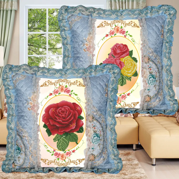 瑞淼精准十字绣田园印花浅蓝浅紫蕾丝花边简单自己绣抱枕套一对装