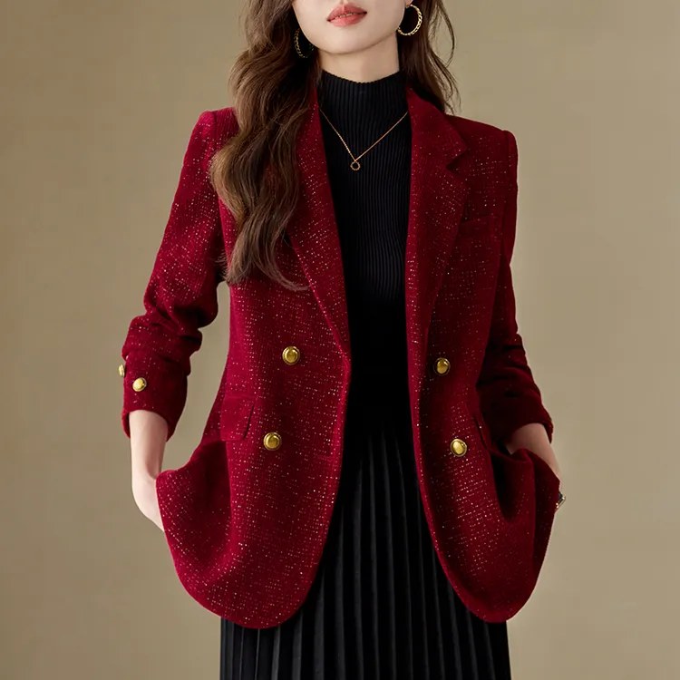 红色小香风西装外套女秋冬2025新款高级感小个子休闲西服冬季上衣
