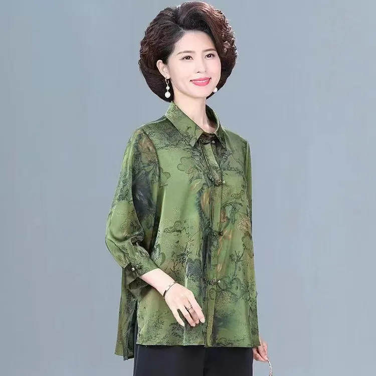 妈妈春夏装洋气上衣加肥加大码气质小衫中年女50岁60中老年衬衫女