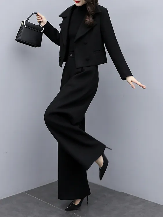 2025冬季新款毛呢两件裤套女装时尚气质黑色休闲阔腿裤西装套装