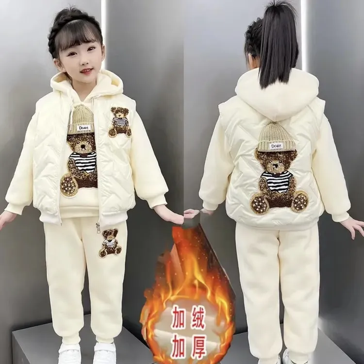 女童三件套装加绒深秋冬装2025新款儿童时髦加厚冬季大童卫衣反季