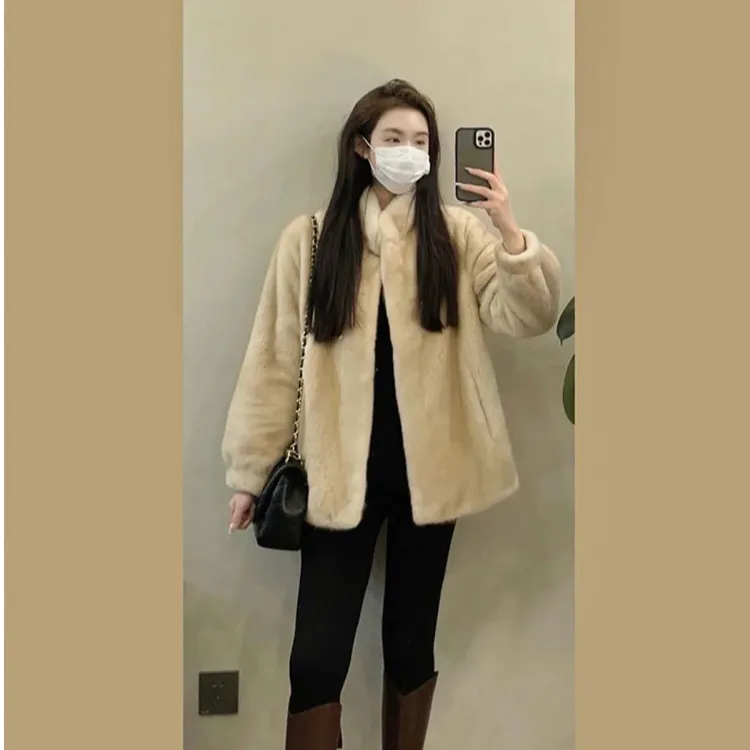 复古仿水貂绒外套立领小水貂毛毛外套大衣保暖皮毛一体冬新款显瘦