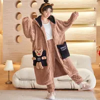 法兰绒睡袍女士秋冬季珊瑚绒睡衣女加厚保暖甜美家居服套装 2226