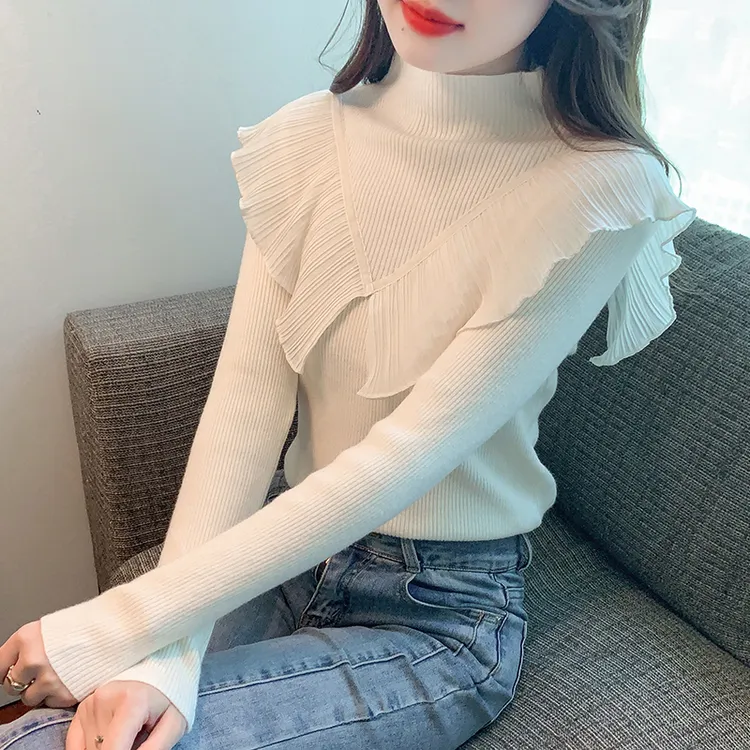 法式荷叶边针织衫女秋季新款设计感小众毛衣修身显瘦内搭打底衫