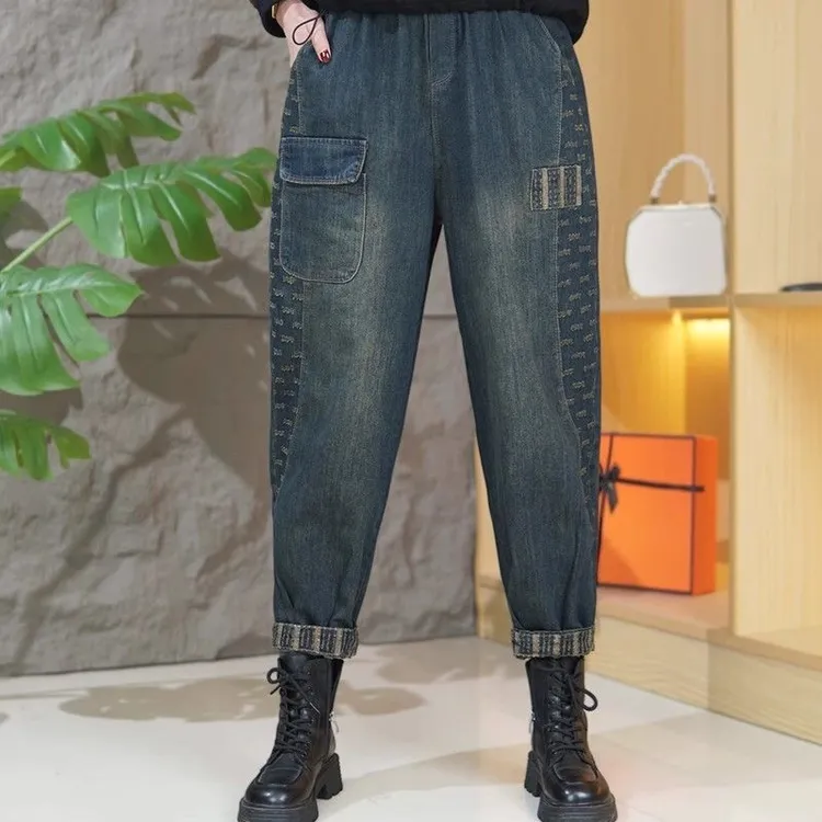 2025春秋新款时尚高腰弹力大码牛仔裤女新款洋气松紧腰百搭哈伦裤