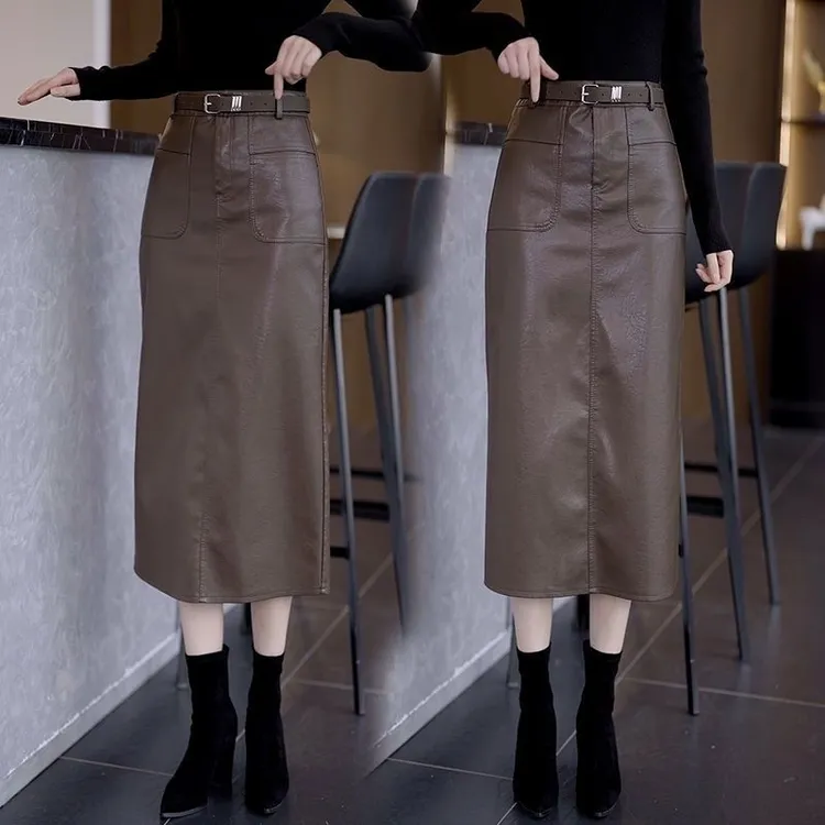 2025新款秋冬裙子pu皮裙半身裙高腰中长款直筒一步包臀裙中长裙女
