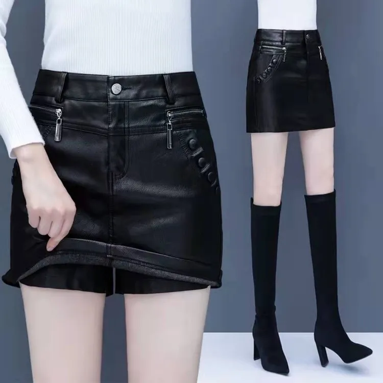 皮裤裙女2025新款秋季韩版高腰显瘦阔腿a字短裙大码皮裤时尚靴裤
