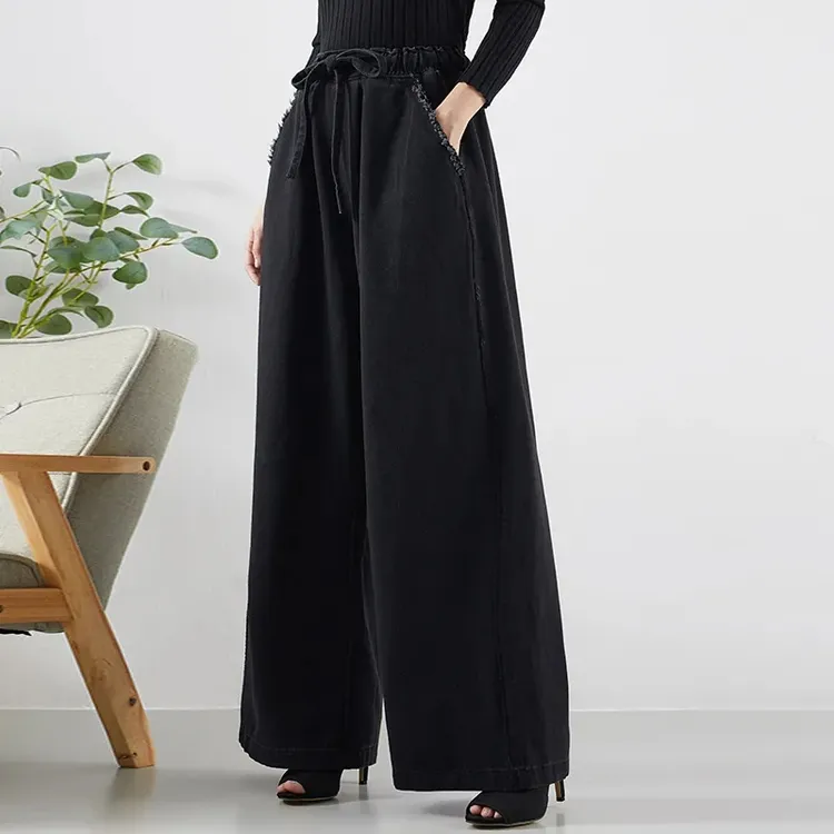 黑色松紧腰高腰牛仔裤女秋冬加绒宽松显瘦大码垂感阔腿裤女时尚