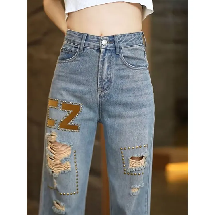破洞牛仔裤女2024年新款夏季薄款刺绣高腰阔腿复古设计感直筒拖地