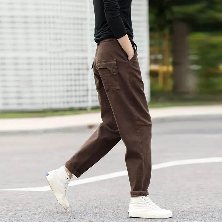 2025年秋冬季新款弹力大码松紧腰工装小脚裤显瘦廓形休闲女士裤子