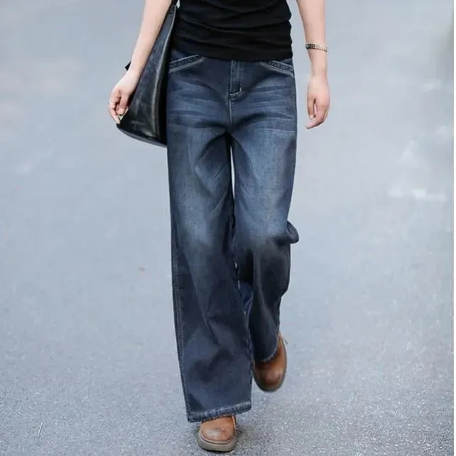 加绒坠感牛仔裤女2025春秋时尚高腰直筒宽松显瘦大码阔腿休闲长裤