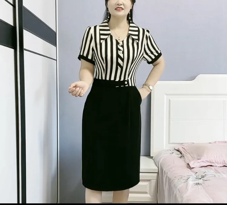 时尚洋气两件条纹拼接连衣裙2024新款夏季修身气质显瘦裙子53#