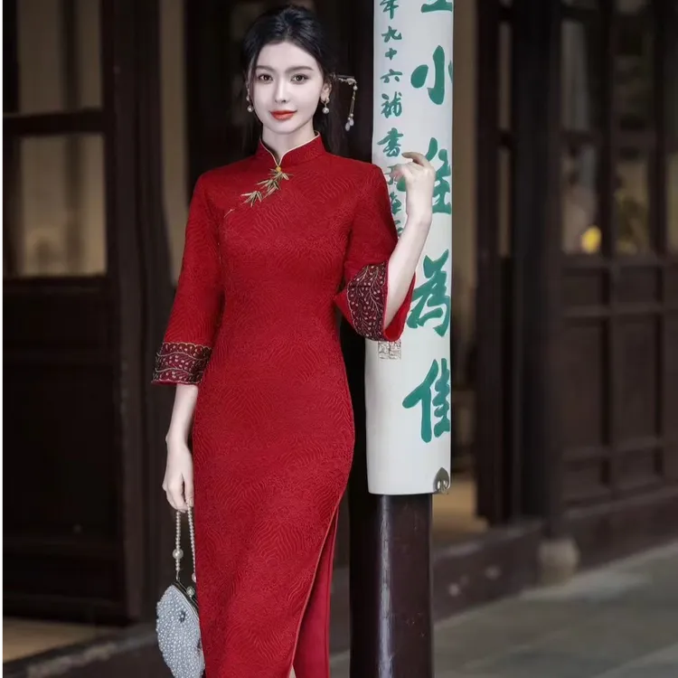 【锦】红色旗袍秋冬季喜婆婆婚宴高端年轻款新中式喜服加厚不加绒