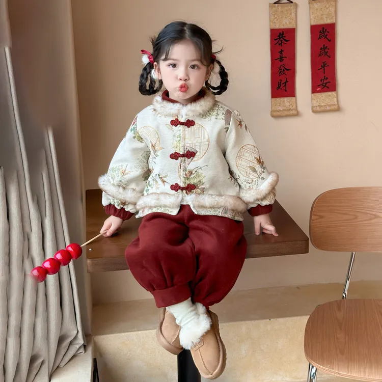 男童女童加绒新年服套装新中式冬装新款女宝加厚国风两件女孩喜庆