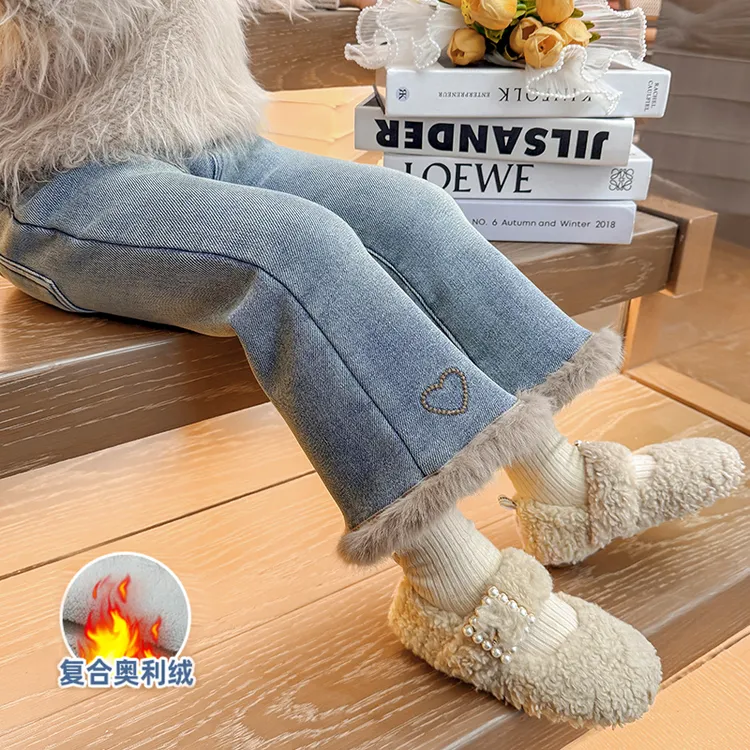 女童加绒牛仔裤洋气儿童冬装新款女宝宝加厚一体绒喇叭裤子小女孩