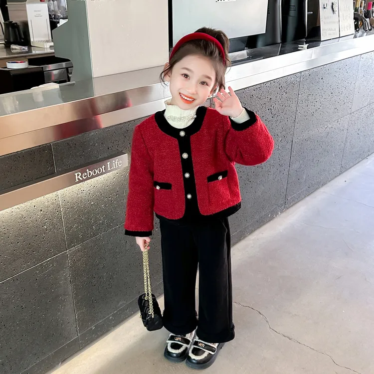 女童小香风加绒套装洋气儿童夹棉外套秋冬款女宝宝时髦两件套女孩