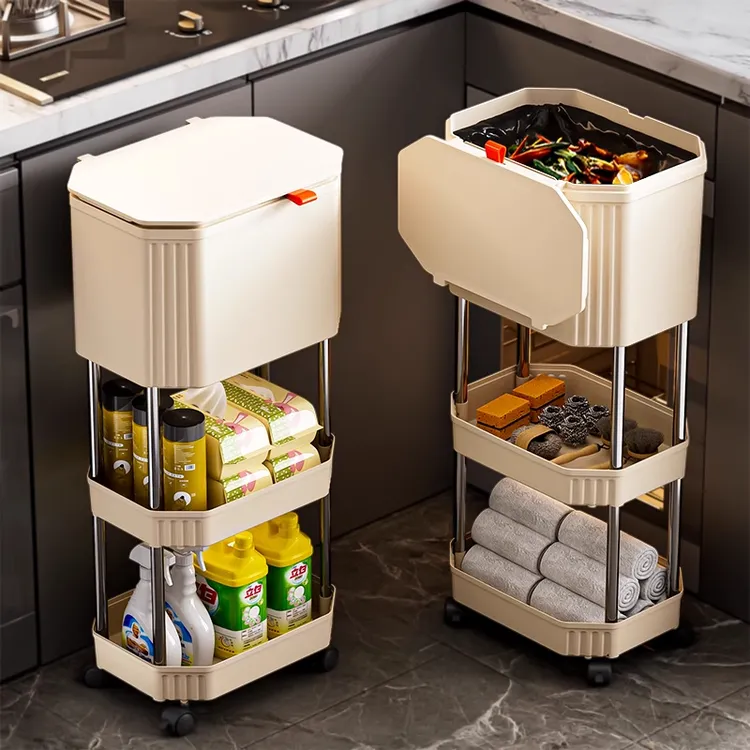 俏洁厨房专用垃圾桶高款可移动双层卫生桶家用大容量滑盖置物架