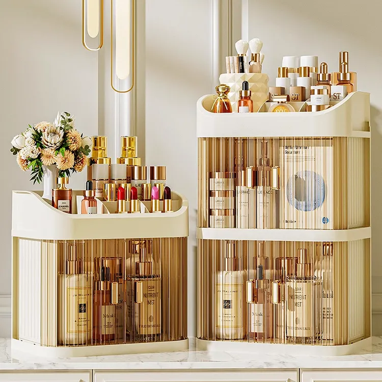 桌面化妆品收纳盒卧室梳妆台口红护肤水整理盒大容量双开门置物架
