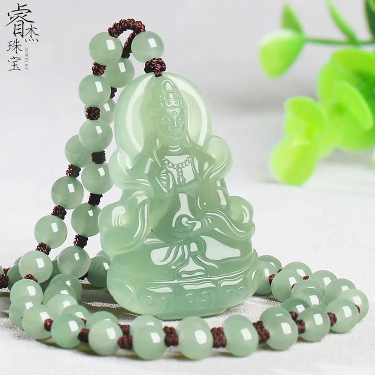 和田玉观音吊坠玉坠男士玉牌度母观音菩萨玉佩玉石圆珠项链挂件