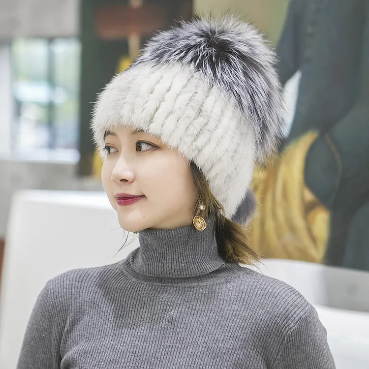 真水貂毛包头帽子可爱狐狸毛球流苏女皮草圆顶秋冬保暖针织毛线