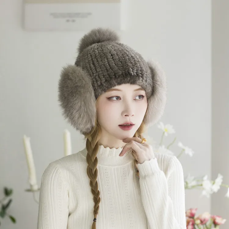 秋冬季韩版水貂毛护耳帽子显脸小加厚保暖帽狐狸毛女皮草雷锋帽