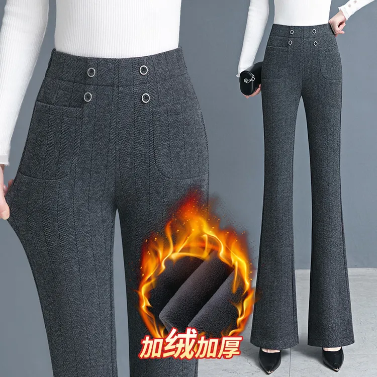 毛呢阔腿裤女秋冬季2023新款高腰直筒妈妈裤加绒加厚微喇叭裤子