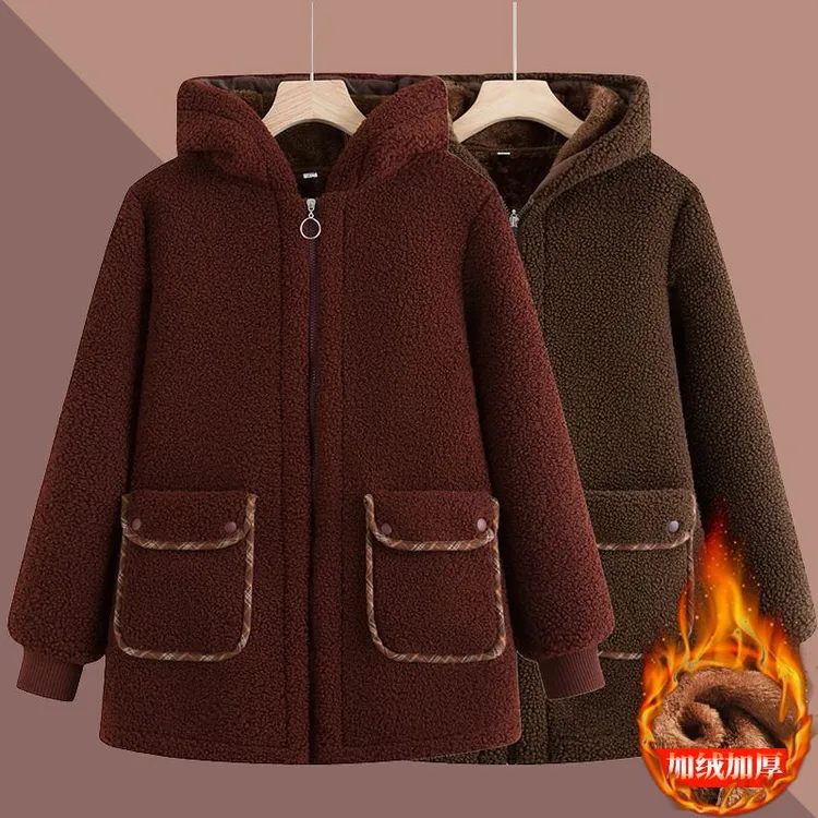 妈妈颗粒绒外套时尚洋气加绒新款加厚棉衣中老年连帽保暖棉袄棉服