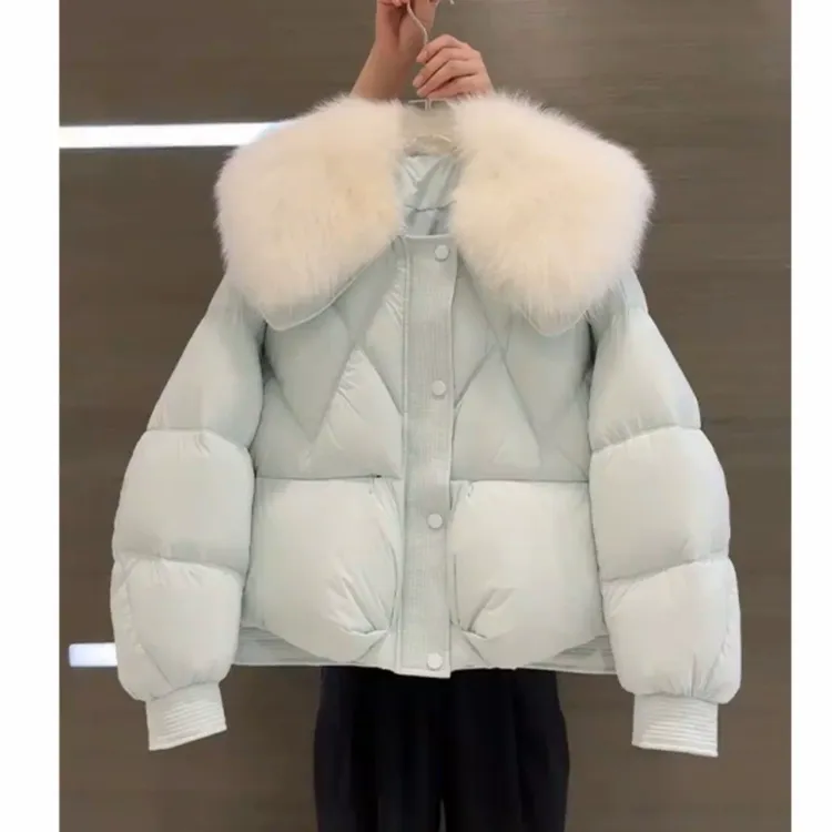 女款漂亮韩系面包服超好看小香风蓝色毛领冬季短款棉服外套女