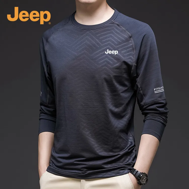 Jeep吉普长袖t恤男士春秋季圆领宽松大码休闲透气打底男装上衣服