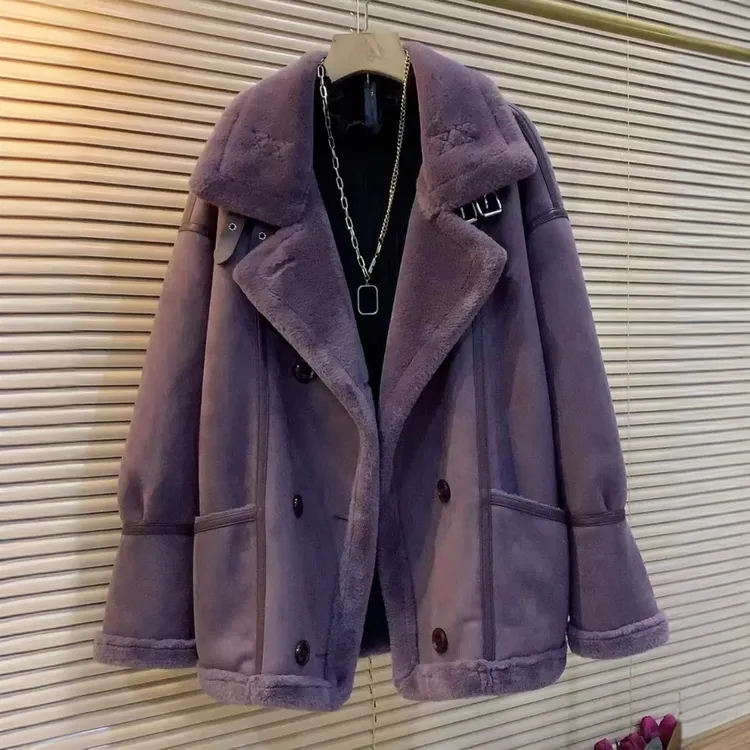 胖妹妹大码女装韩版鹿皮绒皮毛一体大衣秋冬新款加绒加厚保暖外套