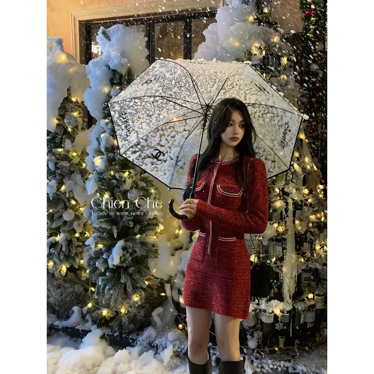 车迟恩Chien 普罗米亚秋冬红色过年圣诞战袍高级感小香风连衣裙女