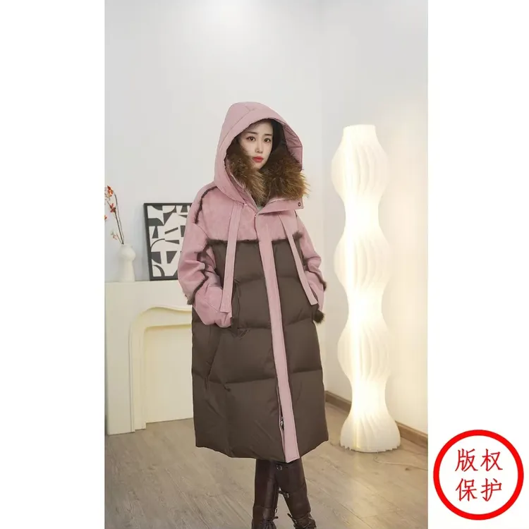 【落日霞光】大码秋冬新款设计皮毛一体貉子毛领白鹅绒服女皮草外套