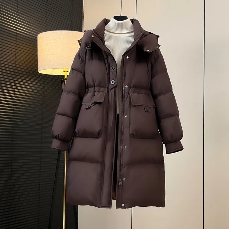 新款韩版羽绒服女中长款时尚收腰显瘦加厚纯色连帽白鸭绒外套潮