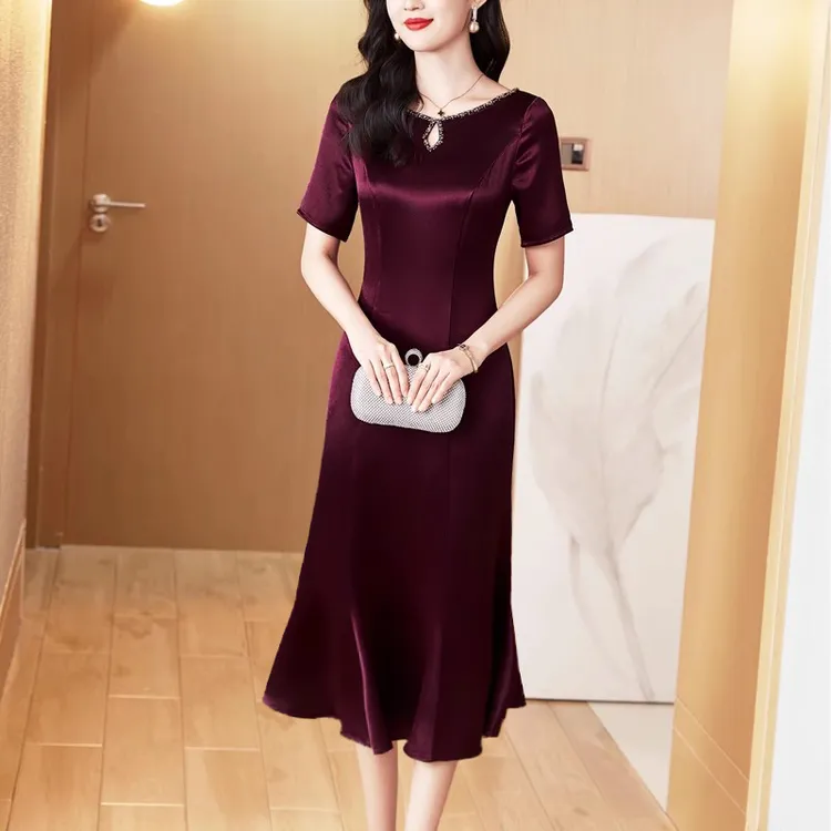 紫色醋酸礼服连衣裙女式短袖2025春夏新款高端洋气长款包臀鱼尾裙