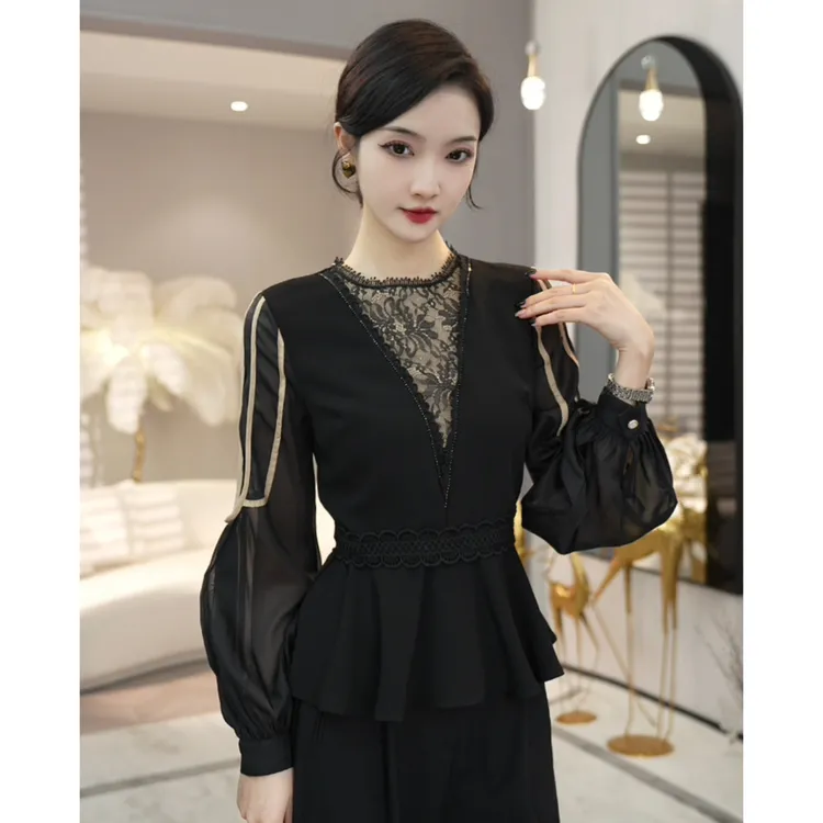 现货2026春季新款【5782】长袖法式时尚洋气黑色衬衫上衣女