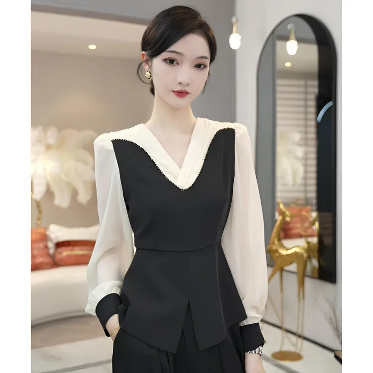 唐熹2025早秋新款【Q24-Q717】静奢风气质经典黑色长袖拼接衬衫上衣