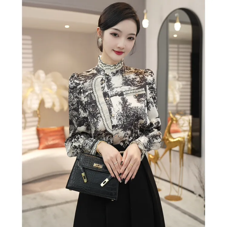 现货2026秋冬加绒【LT23-Q67】高级感小众水墨画衬衫气质上衣