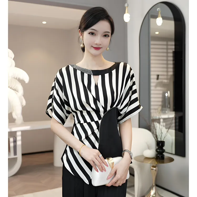 唐熹现货2025新款【Q24-X407】轻奢设计感高级V领条纹衬衫上衣女