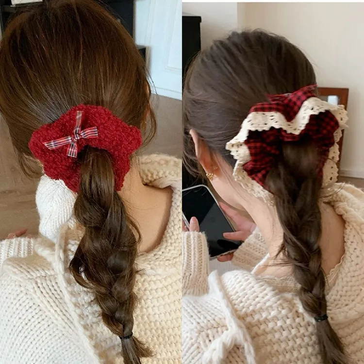 新年复古圣诞大肠氛围格纹发圈红色高级蕾丝格子少女发绳网红头饰