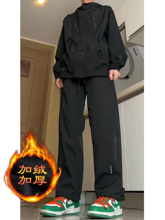 户外登山运动工装裤子软壳冲锋裤男款秋冬季宽松直筒加绒加厚长裤