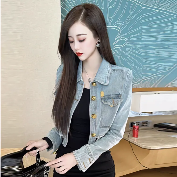2025秋季新品欧货个性金扣短款牛仔外套女修身洋气POLO领牛仔上衣