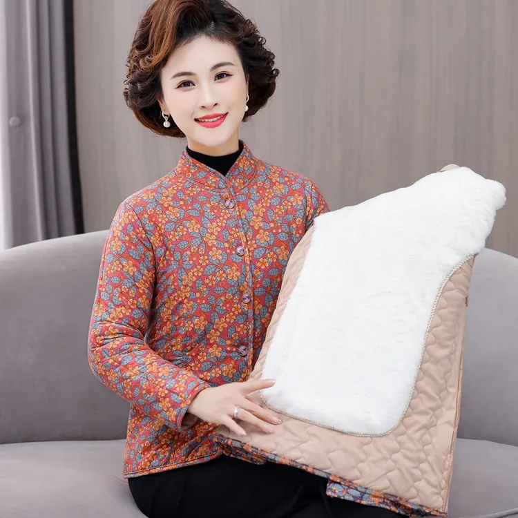 秋冬新款妈妈装加绒加厚外套中老年女装长袖棉衣大码花棉袄保暖